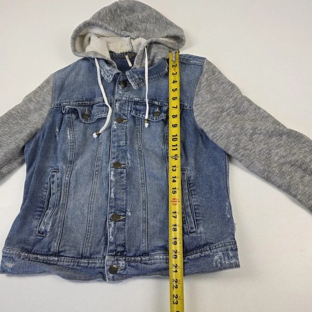 Free People Jacket Womens Large Blue Denim Hooded Sweatshirt Sleeve Button Front - Picture 3 of 13